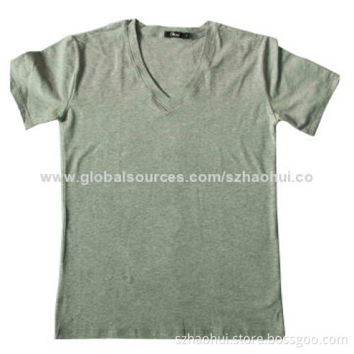 Men's V-neck ash grey cotton plain t-shirt with spandex, customized Brands and designs available